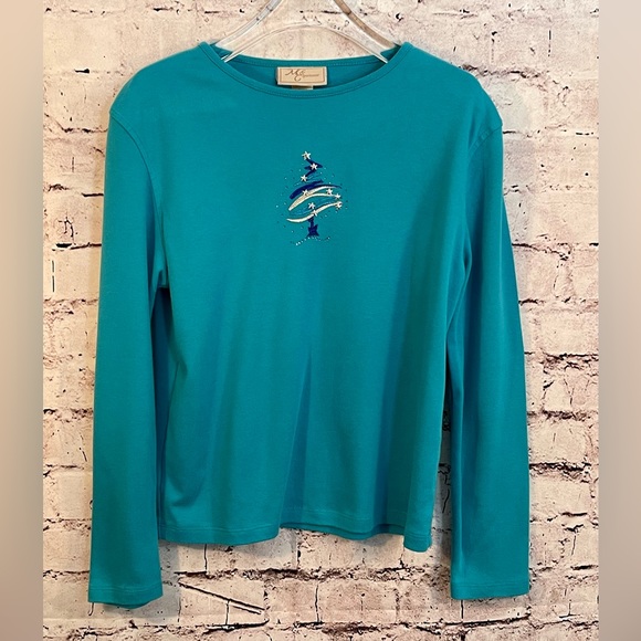 Vtg MC Sportswear Top Sz Medium Christmas Tree Holiday Embellished Long Slv - Picture 1 of 5